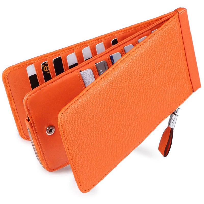 Huztencor Women's Credit Card Holder RFID Blocking Leather Multi Card Organizer Wallet Slim Long Zipper Bi-fold Business Card Case Clutch Wallet with ID Window Orange (FBA) - Image 1